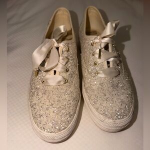 Keds x Kate Spade Champion Glitter Sneakers Silver Sparkle Satin Laces Size 7.5